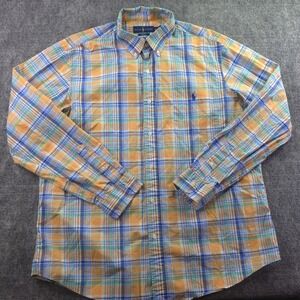 Ralph Lauren 100% Cotton Stretch Shirt XL Orange Blue Plaid Long Sleeve Button